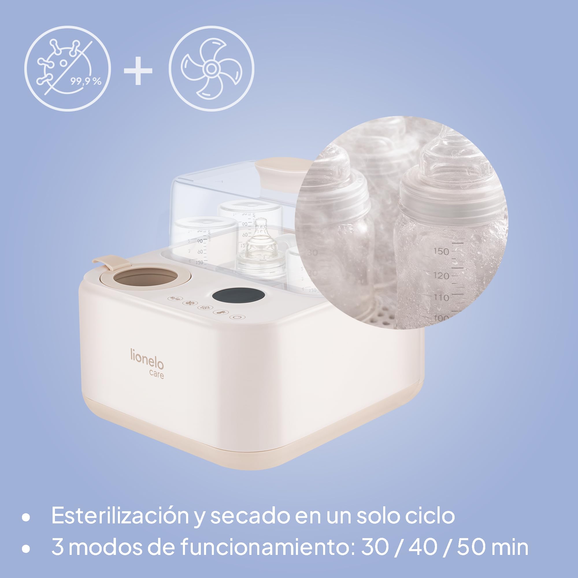 Lionelo Steamup Esterilizador Eléctrico de Biberones 3 en 1, Vapor y Secado Aire Caliente, Calentador de Biberones con Sonda, Panel Táctil Digital, Sin Bpa, Apagado Automático, 4 Biberones, 220–240v | Con secadora y calentador de biberones, esterilizador