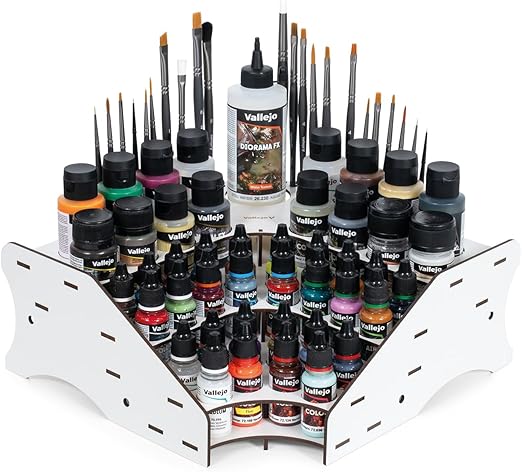 Vallejo - Corner Paint Storage Rack for Miniatures | Capacity for 28 Bottles of 18 ml. (0.6 fl.oz.), 16 of 35 ml. (1.18 fl.oz.) or 60 ml. (2.02 fl.oz.), 1 of 200 ml. (6.76 fl.oz) and 26 Brushes
