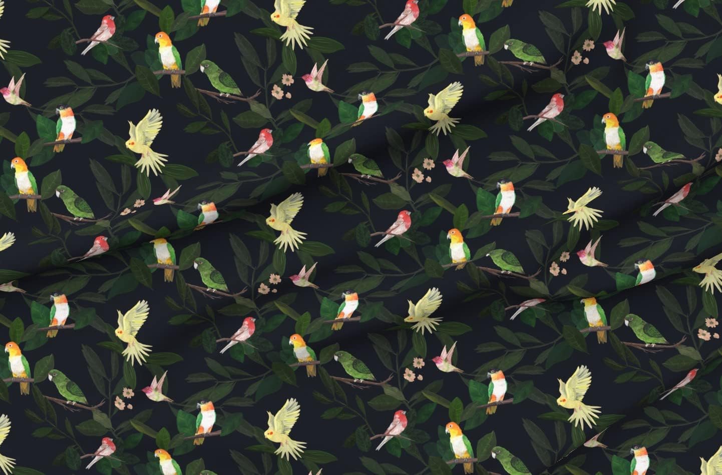 Spoonflower Fabric - Victorian Inspired Parrots Parakeets Dark Botanical Painted Birds Printed on Minky Fabric by The Yard - Sewing Baby Blankets Quilt Backing Plush