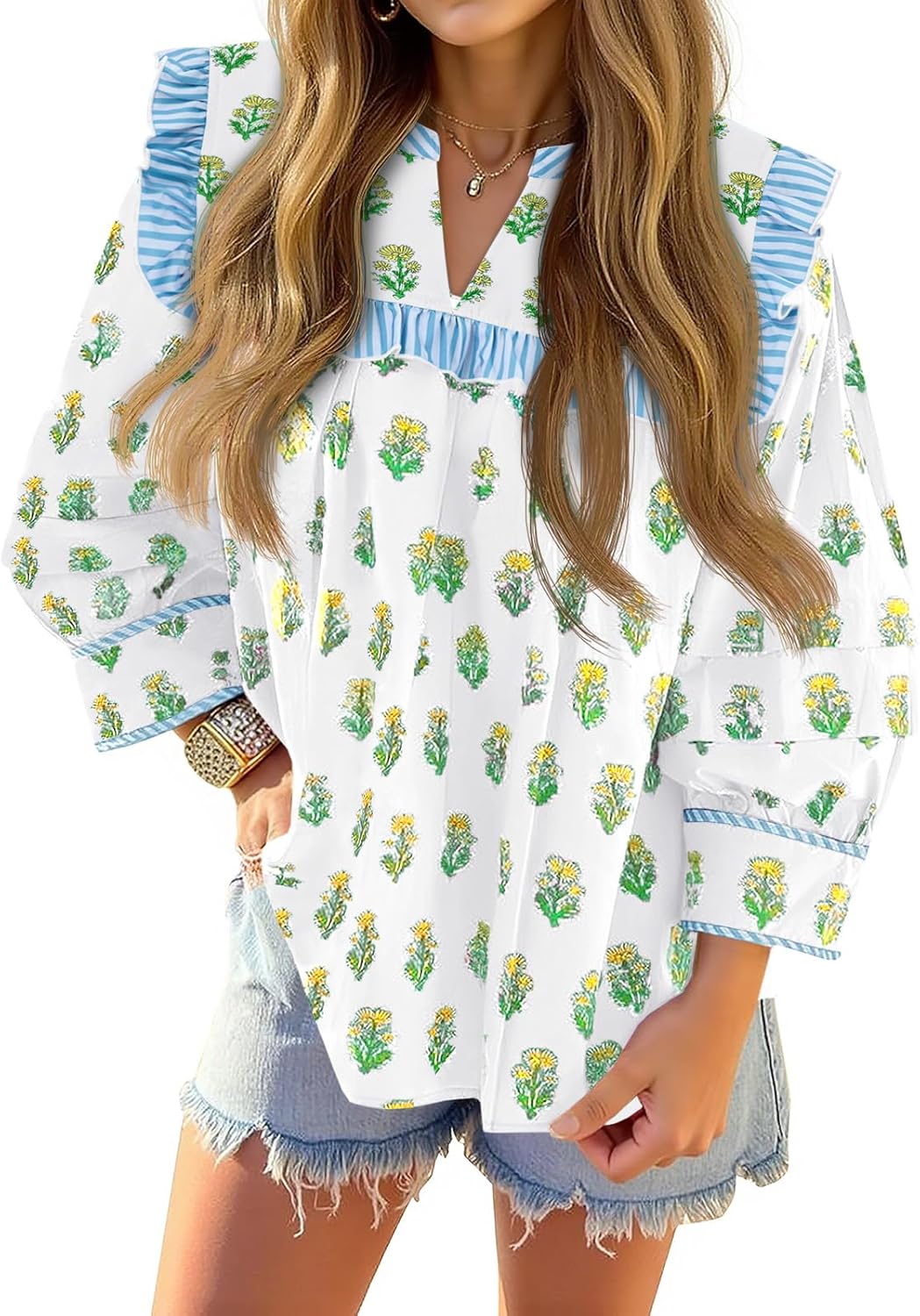 Tankaneo Womens Floral Babydoll Blouse Puff Sleeve Peplum Tops Casual Ruffle V Neck Flowy Boho Cute Shirts