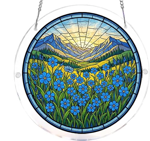 Mountain & Blue Wildflower Acrylic Jigsaw Puzzles Suncatcher, 8.9 Inch Window Hanging Suncatcher Acrylic Puzzle, DIY Home Decor Art Gift