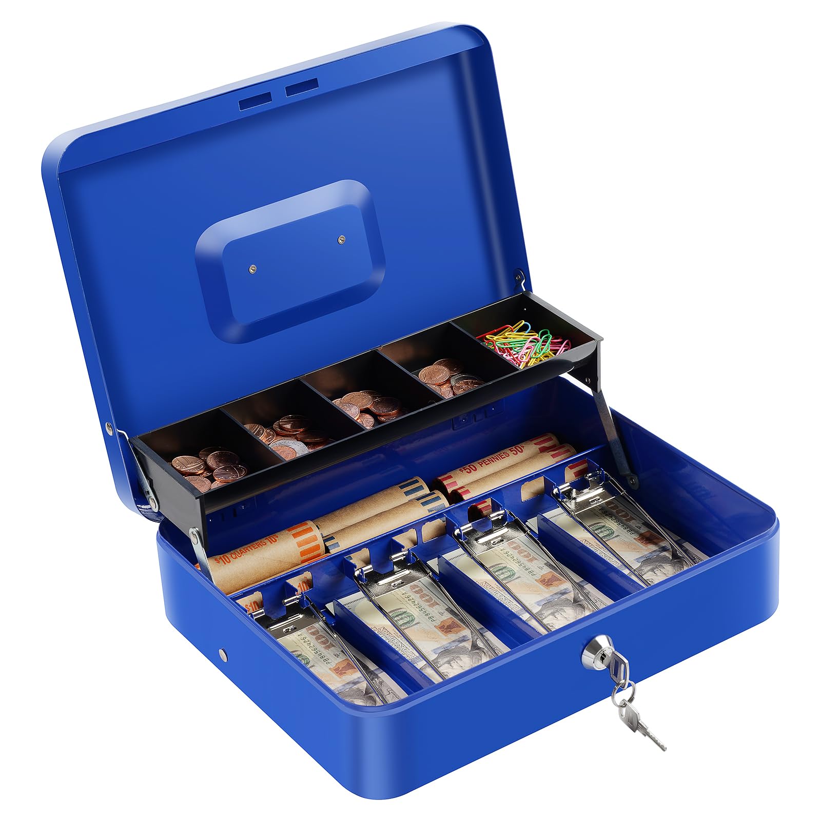 Large Blue Cash Box, 11.8 x 9.4 x 3.54, Lock Key, Money Tray
