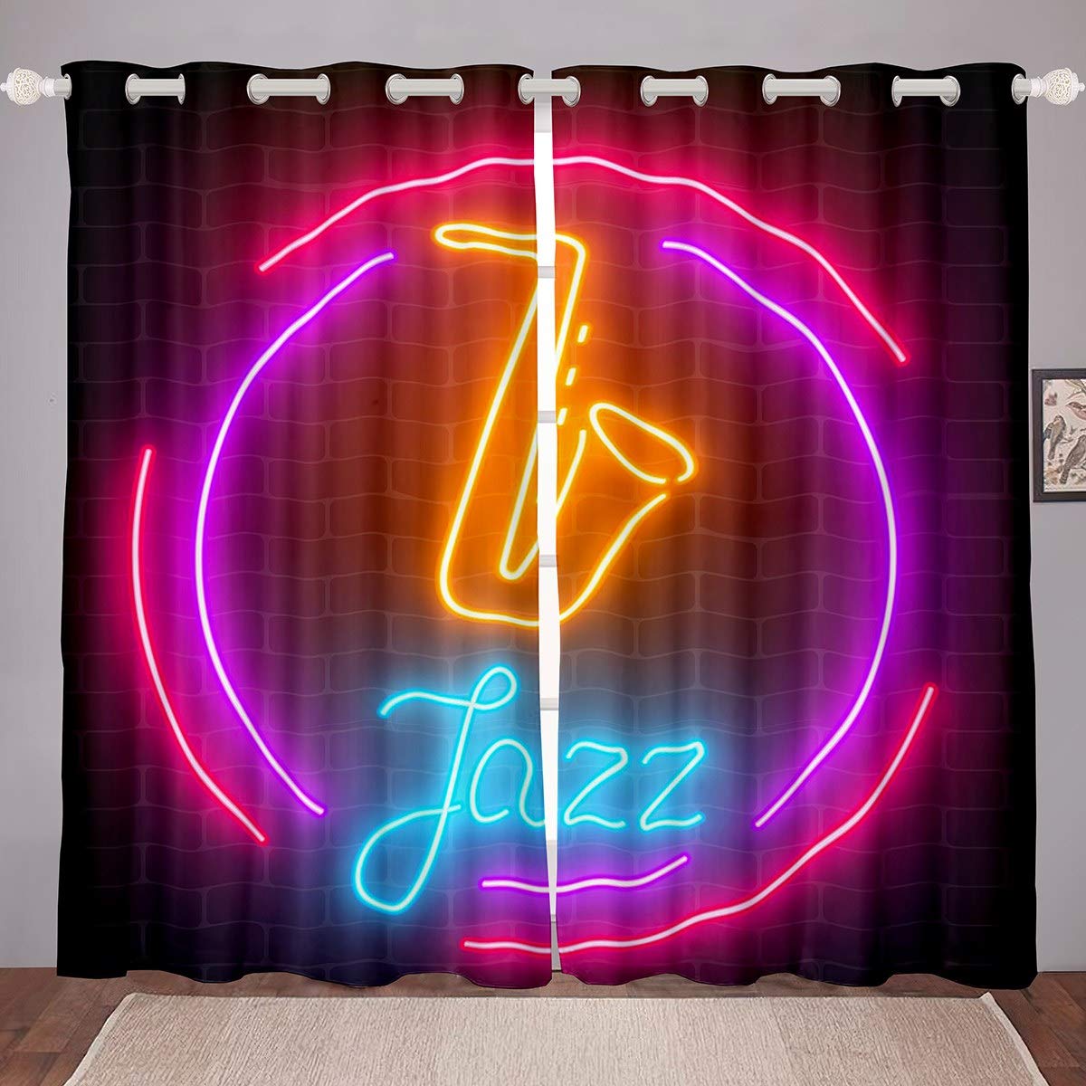 Loussiesd Classic Music Window Curtains for Bedroom Living Room Saxophone Curtains Jazz Funky Design Windows Drapes Glitter Musical Instrument Window Treatments,W66*L72