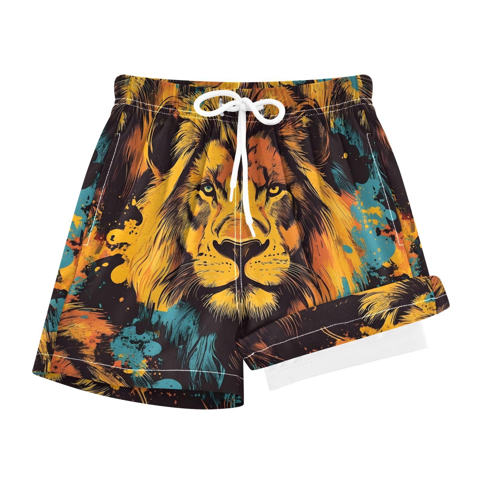 YANENDIE Boy Swim Trunks with Compression Liner Lion Graffiti Boys Swim Shorts Quick Dry Beach Shorts