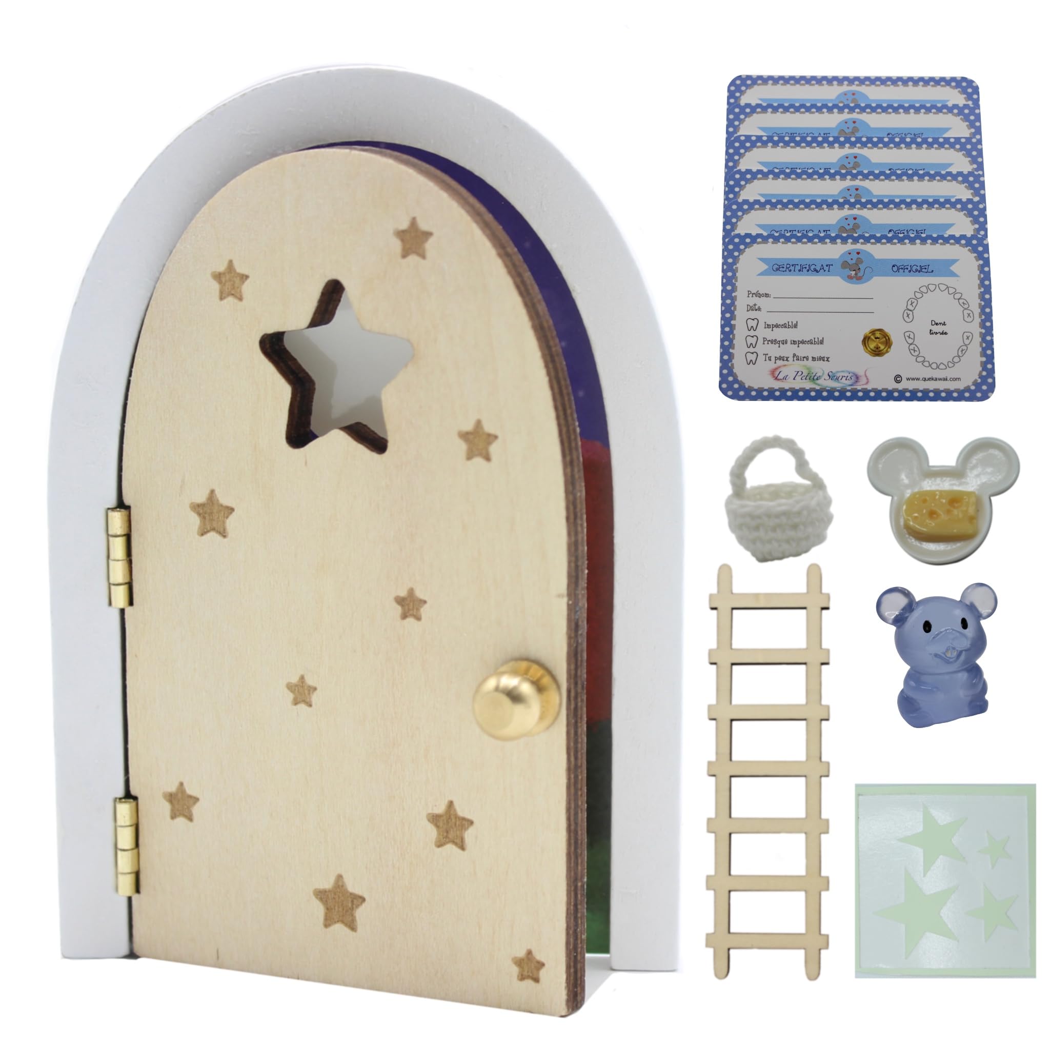 MAGIQUE LA PETITE SOURIS. PORTE QUI S'OUVRE ET BRILLE DANS LE NOIR!!!Porte et escalier en bois à peindre et customiser+sac au crochet+Assiette+Fromage+étoiles+6 certificats (Naturelle)