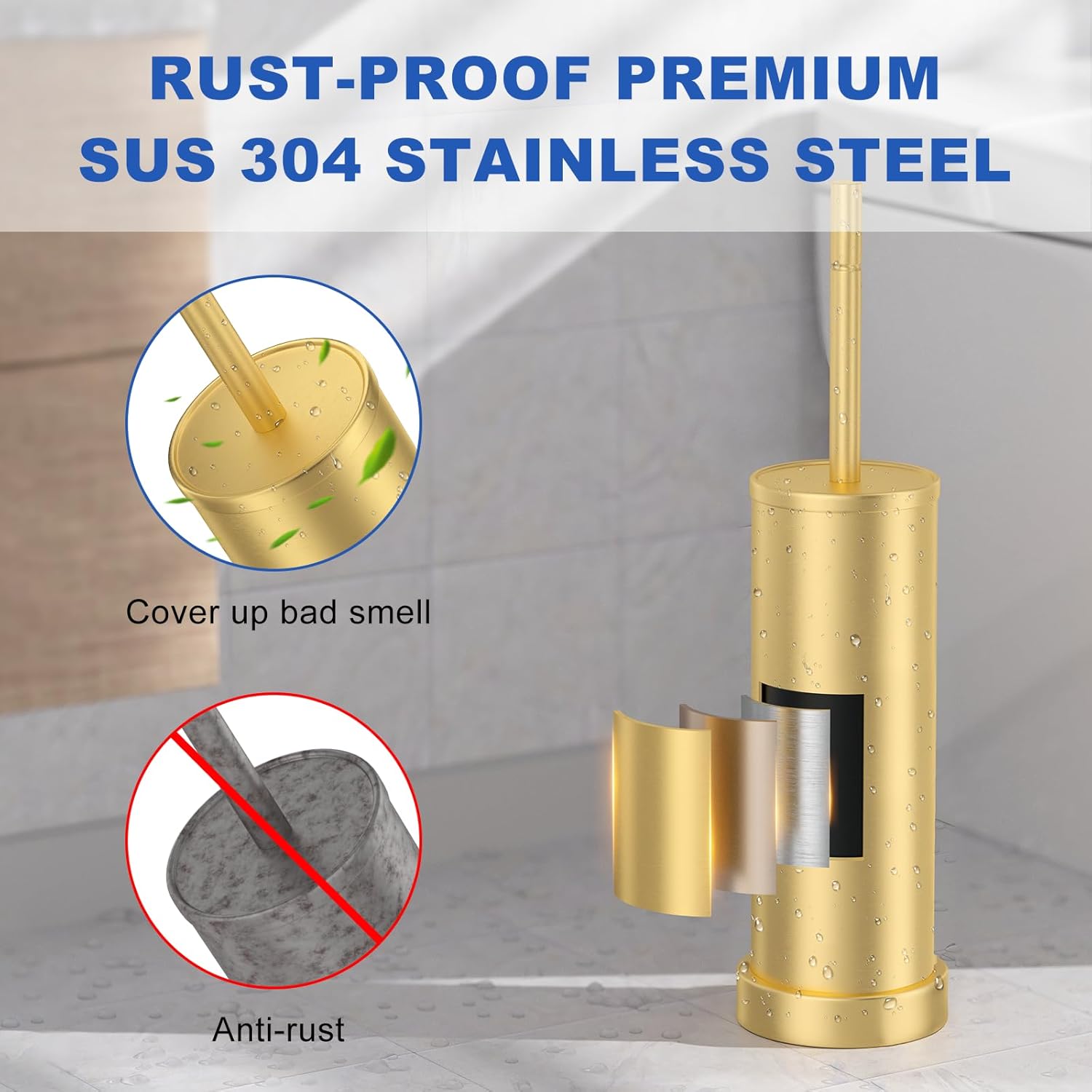 toilet brush and holder set: 304 stainless steel brushed gold toilet bowl brush and holder with removable inner bowl and splash protection, heavy duty long handle bathroom cleaning tool brushed brass