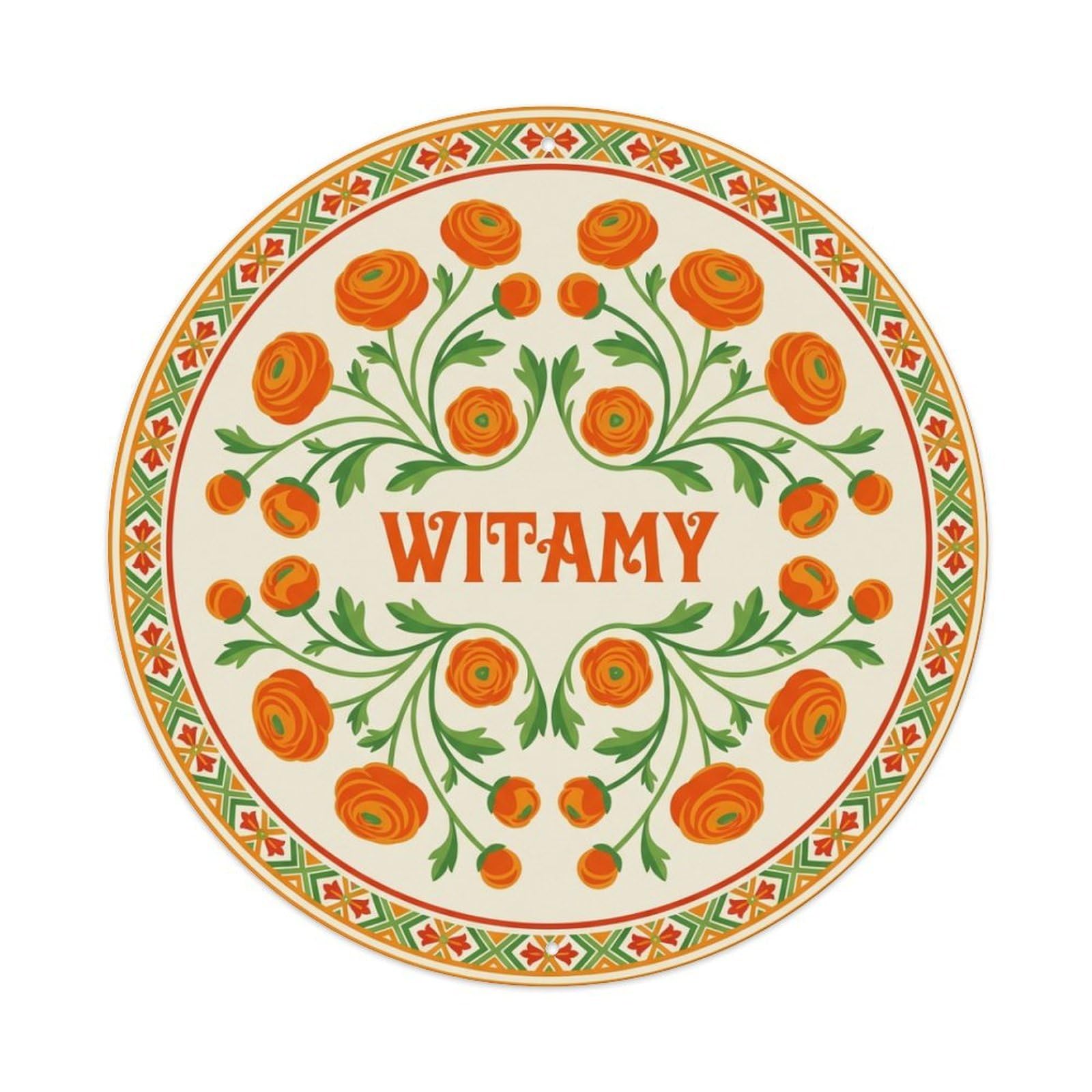 Fyrn Style Metal Tin Sign Vintage Polish Folk Art Witamy Welcome Ranunculus Orange