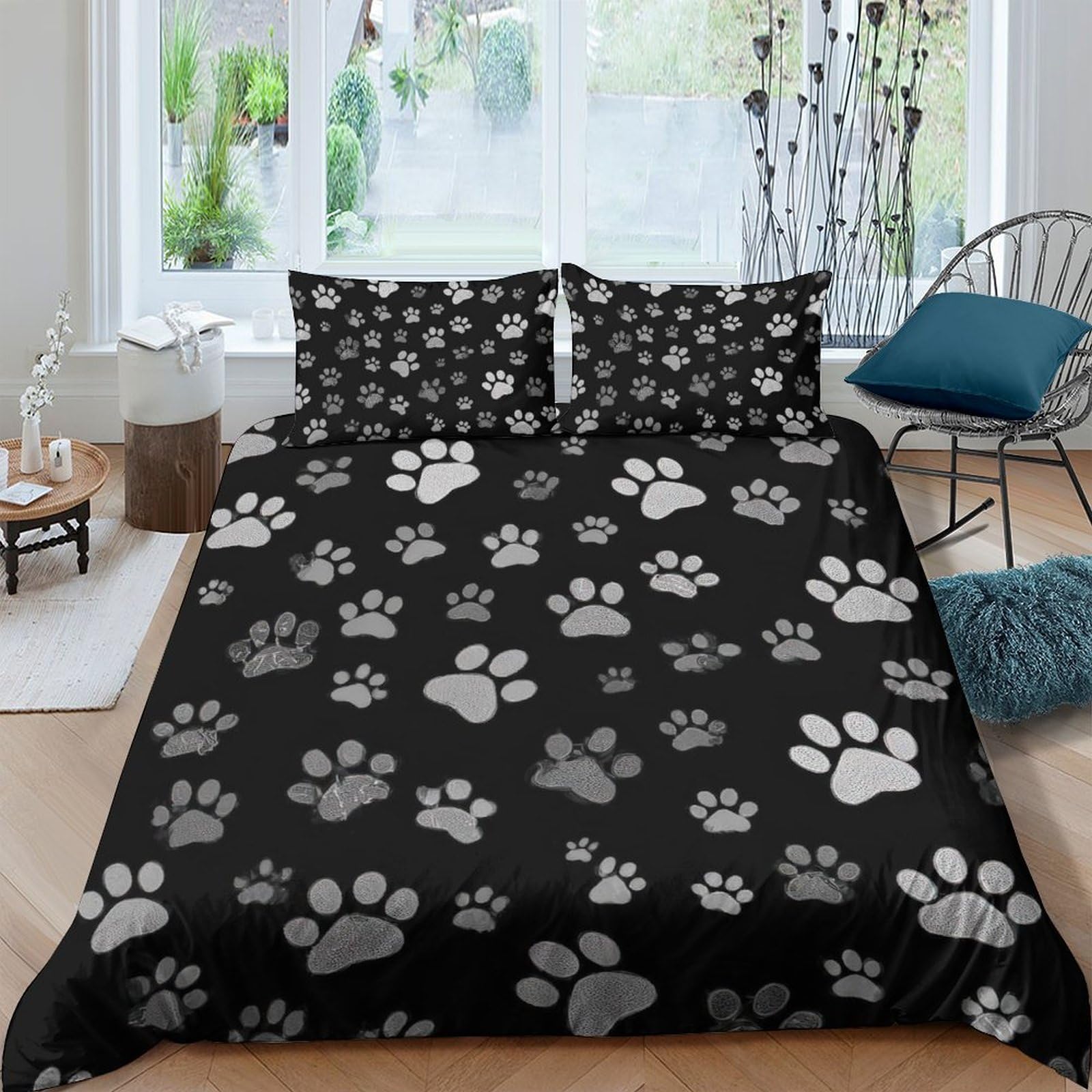 GPLZQXKJNH 3D Printed Paw Print Duvet Cover Set Microfiber Soft Breathable Black Bedding Set with 2 Pillowcases for Bedroom Decor Single（135x200cm）