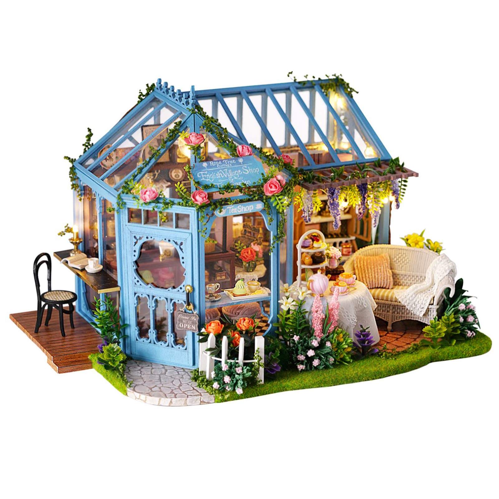 Zestaw Miniaturowy Domek dla Lalek, światła LED średniej Wielkości Drewniany Sztuczny Kwiat Kawiarnia Zestaw Miniaturowy Domek, do Samodzielnego Budowania Domku dla Lalek z Meblami i