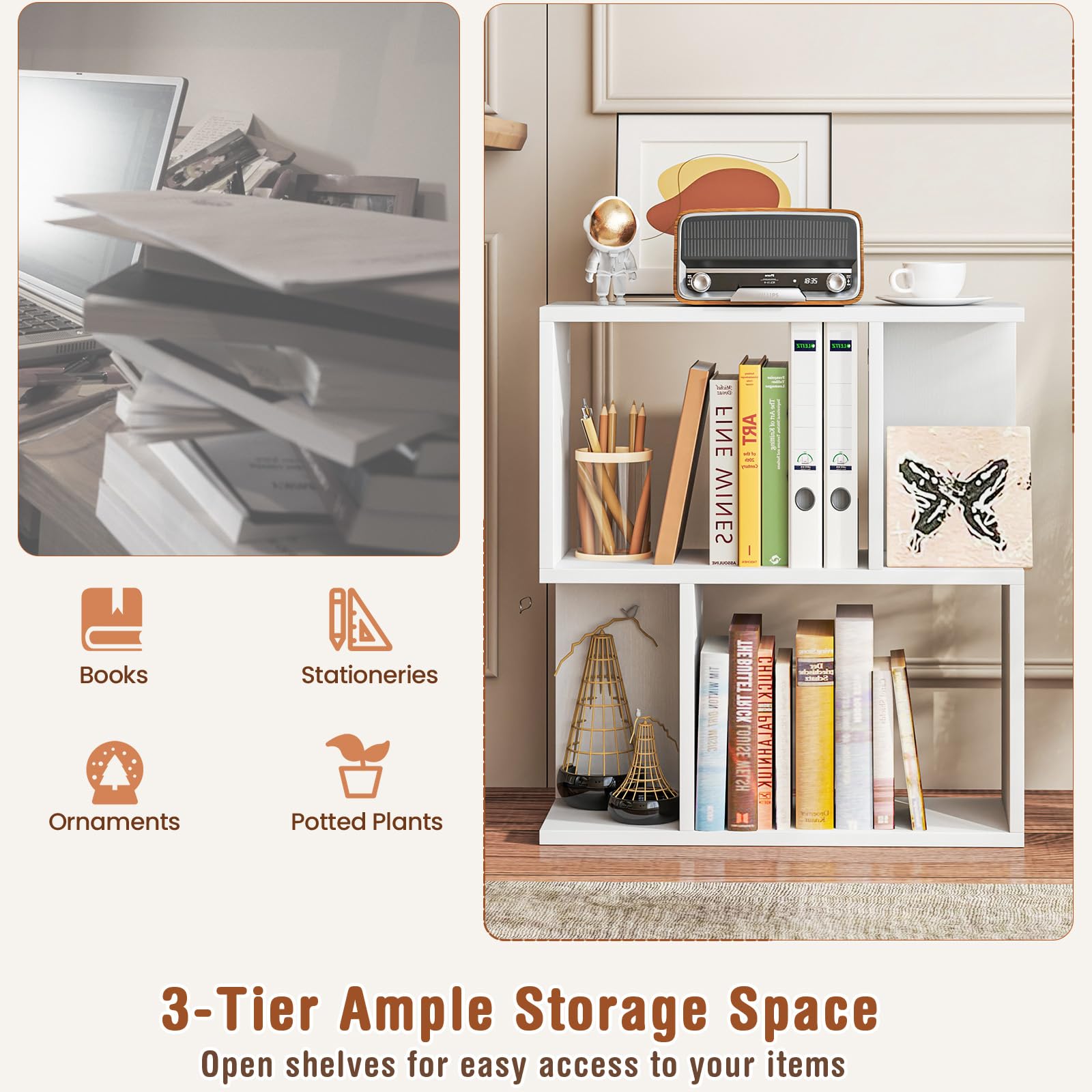 LIFEZEAL Tavolino da Divano, Tavolino Laterale da Salotto, a Forma di S, Bianco, Libreria a 3 Ripiani, Scomparti Aperti, Combinazione Libera, Salvaspazio, Moderno, per Soggiorno, 50x17,5x55,5cm