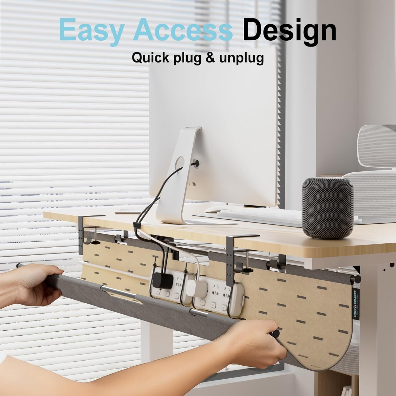 2-in-1 Under Desk Cable Management Tray & Privacy Panel, Dual-Sided Felt Cord Organizer to Hide Wires and Clutter, Desk Mount Cord Holder for Office and Home, Clamp or Screw Mount (Gray/Khaki, 30")