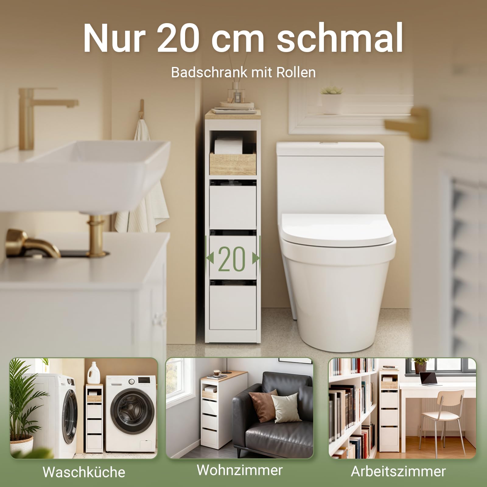 SoBuy Badezimmerschrank mit Rollen und 3 Schubladen 60x20x82,3cm Badezimmer
