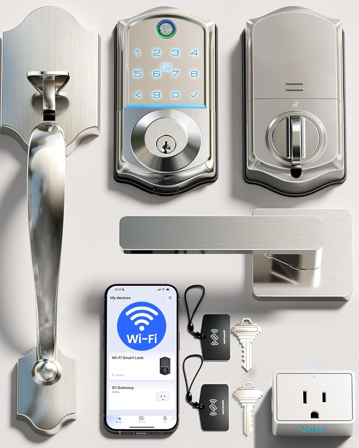 veise ve017g-h wi-fi smart fingerprint front door lock set, remote app control, keyless entry deadbolt with handle, backlit keypad, ip55 weatherproof, auto lock, easy to install, satin nickel