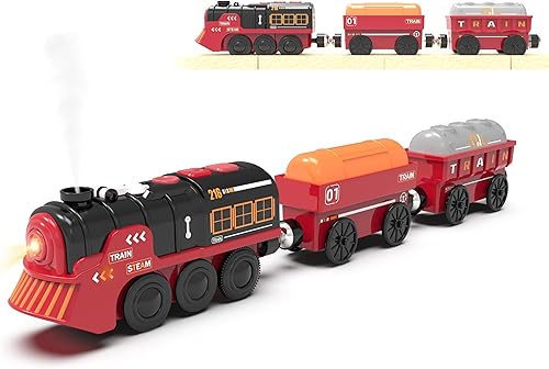 Miniatura 5 de Tren de juguete tren motorizado y tren a batería con vehículos de control remoto para pistas de madera, compatible con Thomas, Brio