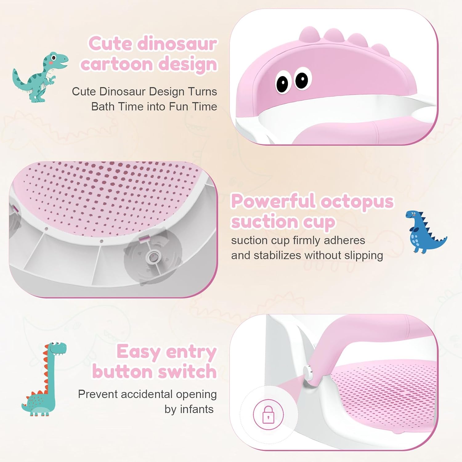 Baby Bath Seat for Babies 6 Months & Up Sitting Up, Non-Slip Baby Bath Chair with Suction Cup, Safe and Comfortable Portable Infant Bath Seat for Bathroom, Bathtub Tub, Easy to Clean (Pink)