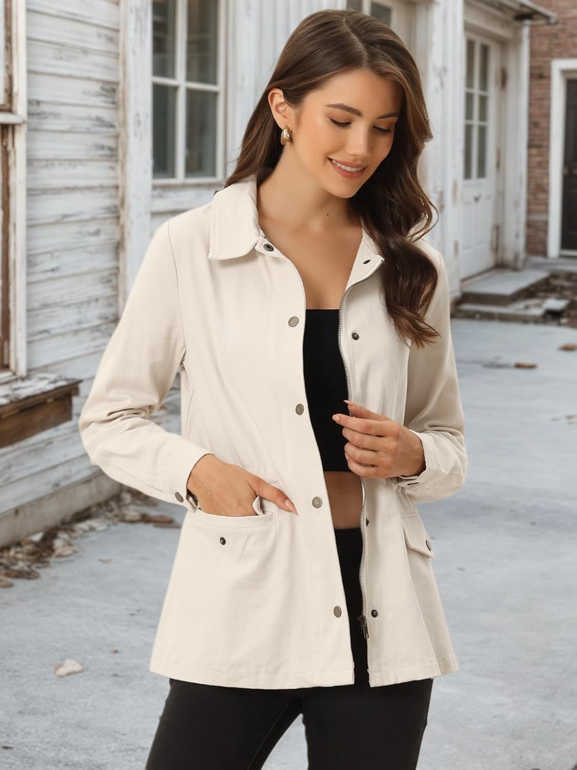 Allegra K Women's Utility Jacket Zip Up Drawstring Waist Snap Buttons Lightweight Anorak Jackets with Pockets - Image 2