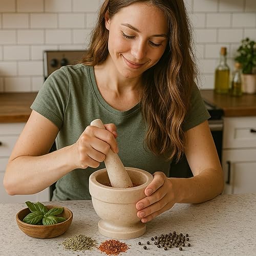 Miniatura 6 de Juego de mortero y mortero de piedra de mármol natural Evco International Guacamole Molcajete Bowl especias de cocina hierbas molino de pesto 4