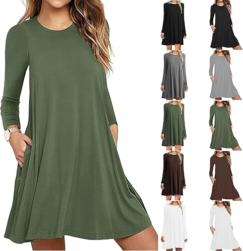 Vestido de otoño para mujer, de manga larga, casual, con vuelo, simple, holgado, cuello redondo, acampanado, minivestido fluido