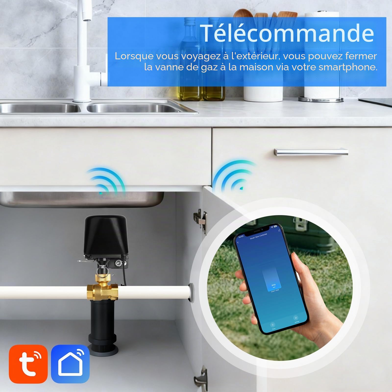 Valve d'eau intelligente Wifi/Bluetooth, commande vocale, compatible avec Alexa et Google, 2,4 GHz, contrôle automatique de la valve pour cuisine, jardin, ferme (DN15)