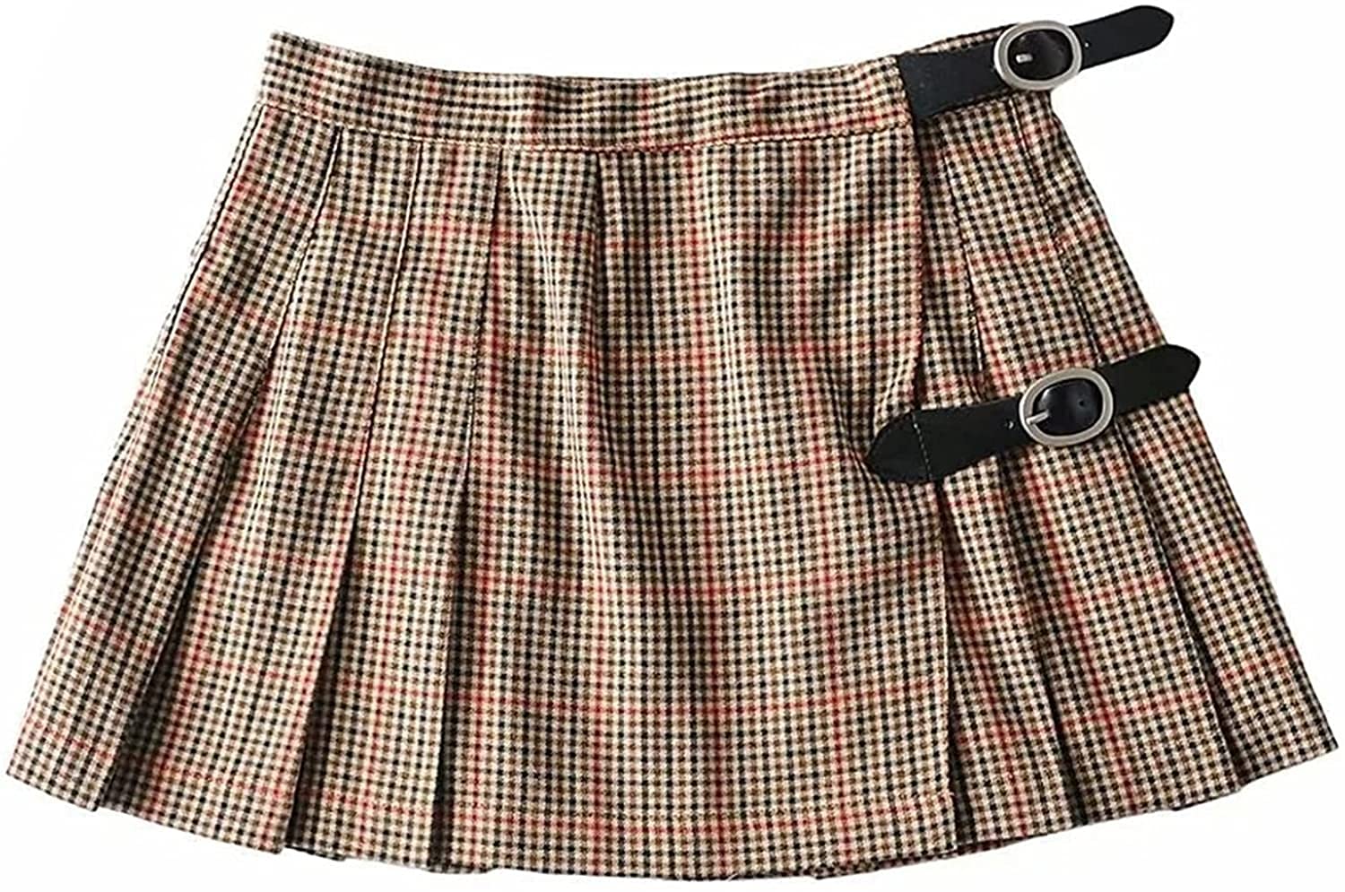 Fiables Mujeres Faldas Plisadas Cintura Alta Hebilla Correa Estilo Falda Corta Elegante Cintura Alta Plaid Party Falda