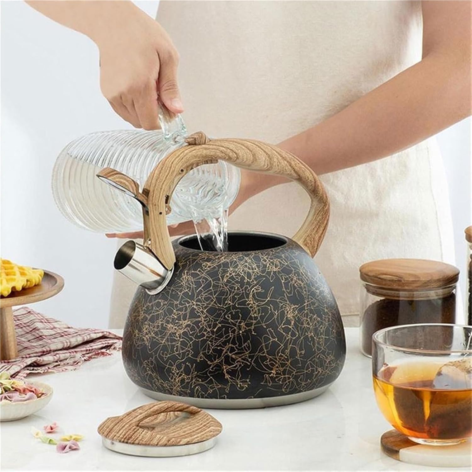 Black Tea Kettle Stovetop, Whistling Tea Pots for Stove Top Teapot with Wood Pattern Cool Touch Handle, Food Grade 304 Stainless Steel Teakettle for Tea, Coffee, Milk