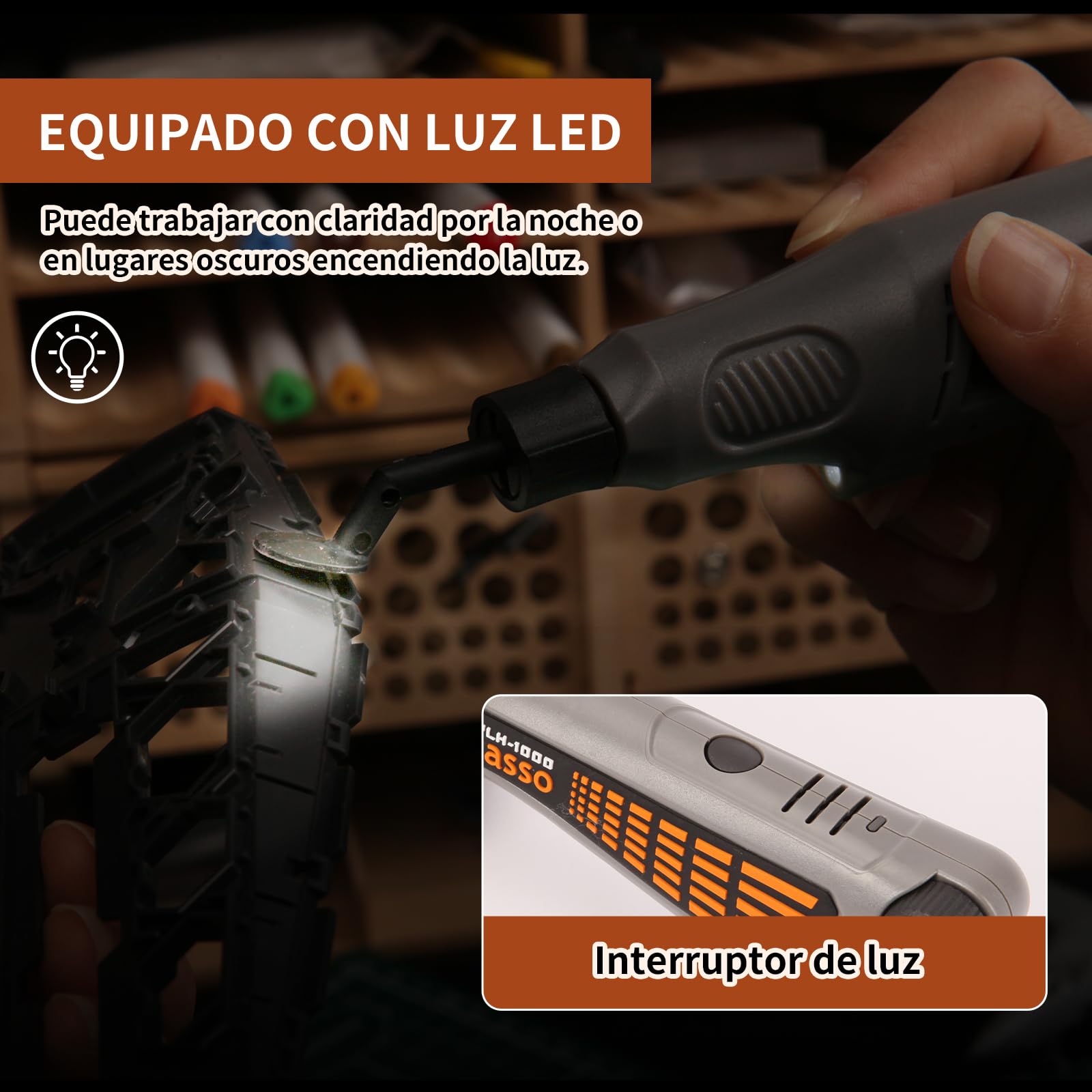 Lijadora de pluma inalámbrica, velocidad variable, carga USB y luz LED. Herramienta eléctrica multiusos para lijar, pulir, dar acabados y manualidades (GRIS)
