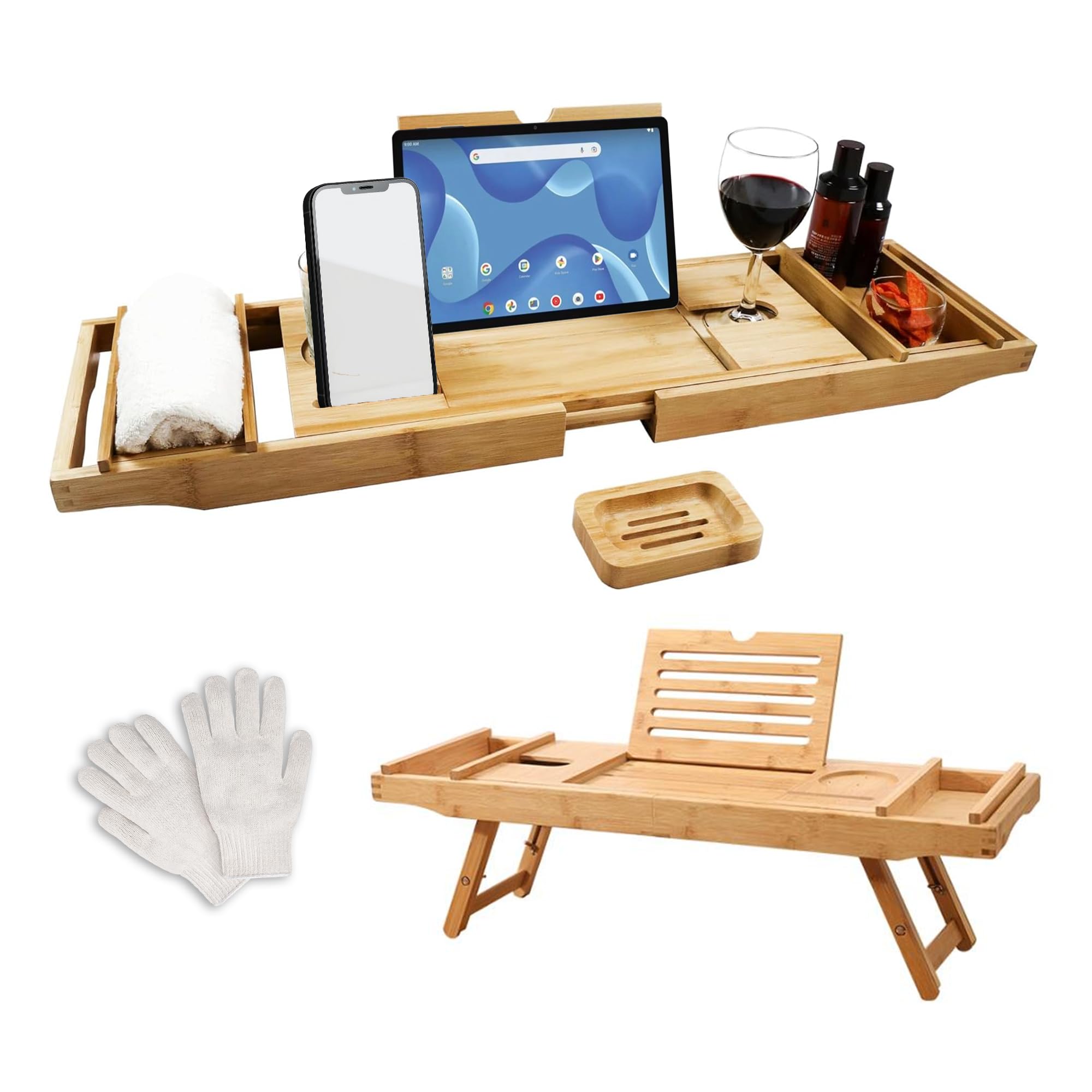 Sponsored Ad – Spring Bath Tray – Extendable/Foldable Bamboo Bath Caddy Tray for Bathtub with Exfoliating Gloves, Non-Slip Pads with Built-in Holder for Glass Candle, iPad Tablet, Phone-Bathroom Accessories