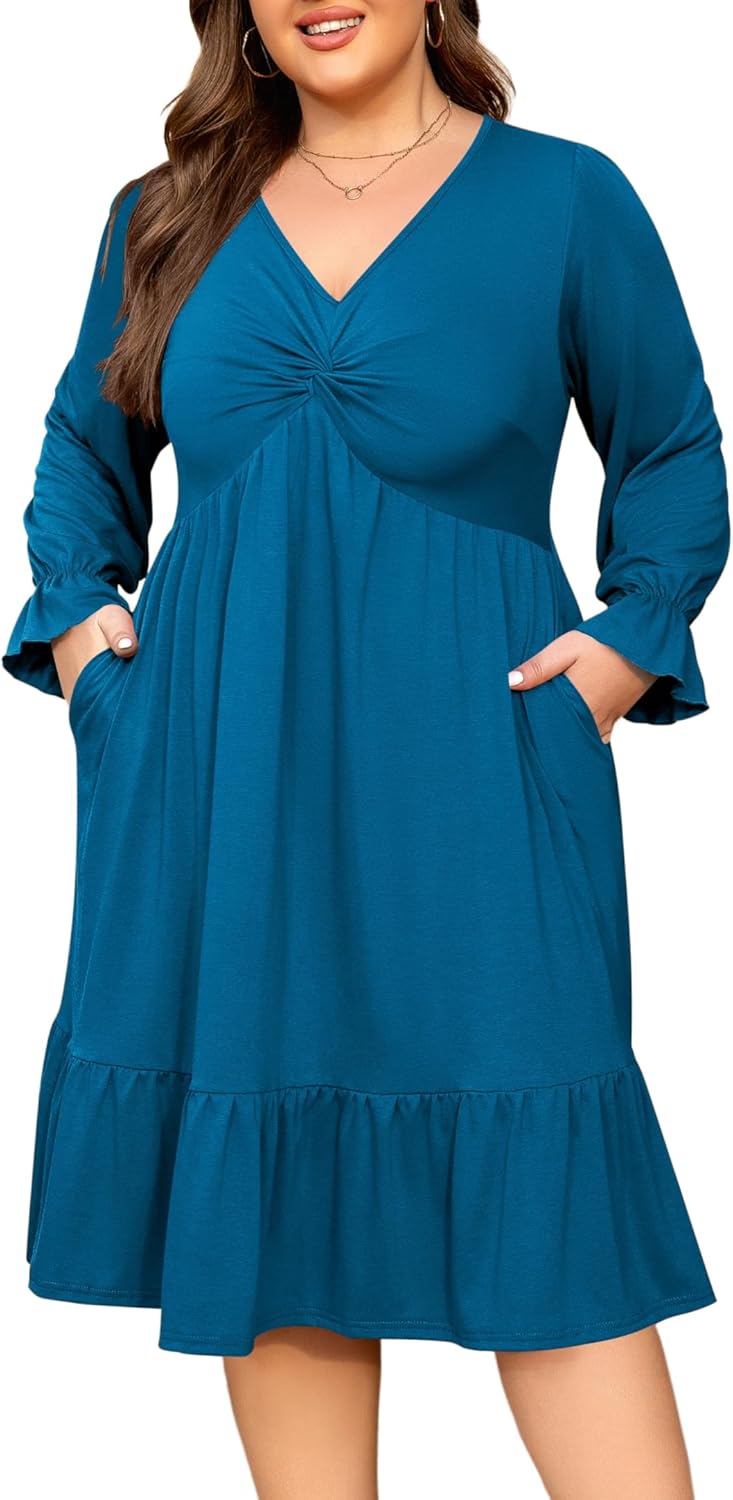 Women's Plus Size Dress Casual Long Sleeve V Neck Twist Knot Front Flowy Dress - Image 8