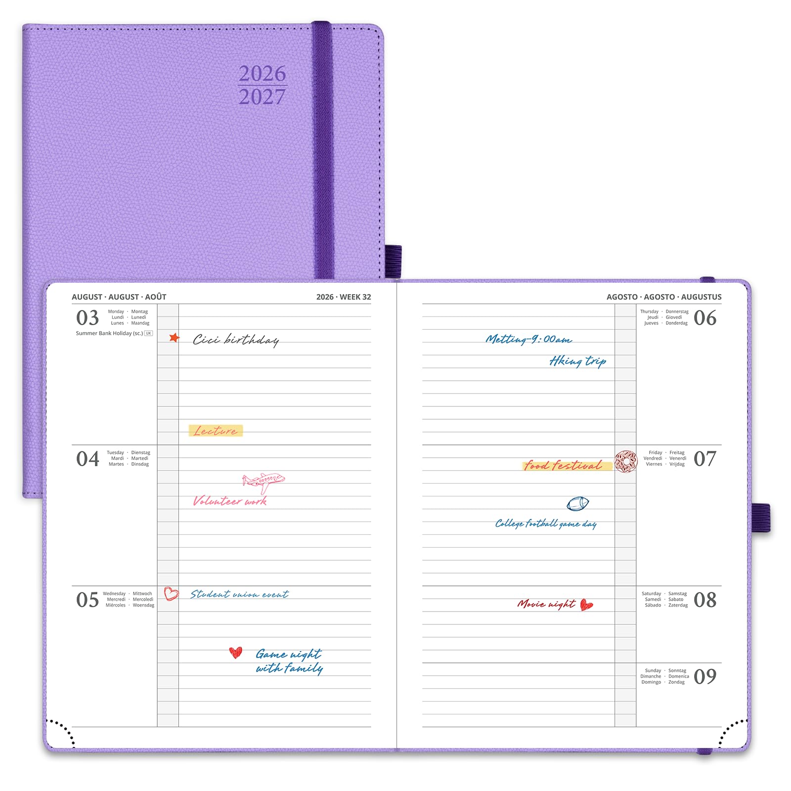 POPRUN A5 Academic Diary 2026-2027 Hardback Week to View (22x16.5 cm) 26/27 Horizontal Weekly Planner 17 Months (Aug'26 - Dec'27) Mid Year(Lavender)