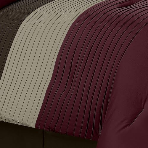 Miniatura 3 de Chezmoi Collection Loft - Juego de edredón de lujo a rayas de 8 piezas (tamaño matrimonial, borgoñacafémarrón)