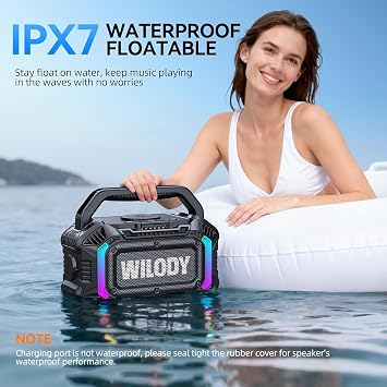 Wilody Speakers Bluetooth Wireless, 100W Loud Outdoor Speaker with Bass,IPX7 Waterproof Floatable,20H Playtime,Light,Portable Speaker with TWS for Work,Outdoor,Garage,Camping (L-Black)