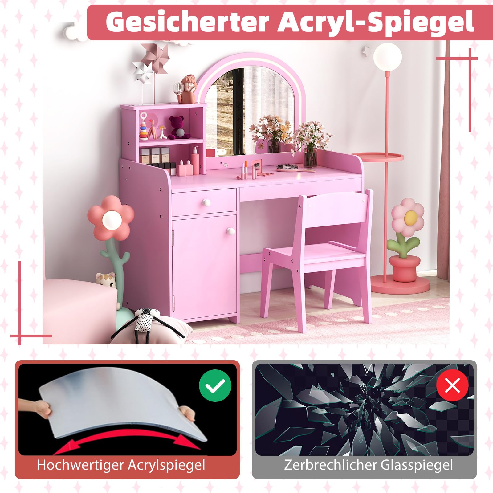 COSTWAY 2 in 1 Kinder Schminktisch Set, Frisertisch mit Hocker, LED-Leuchten, Spiegel, Schrank & Schublade, Kosmetiktisch Schminkkommde mädchen aus Holz für Kinder ab 3 Jahren (Rosa)