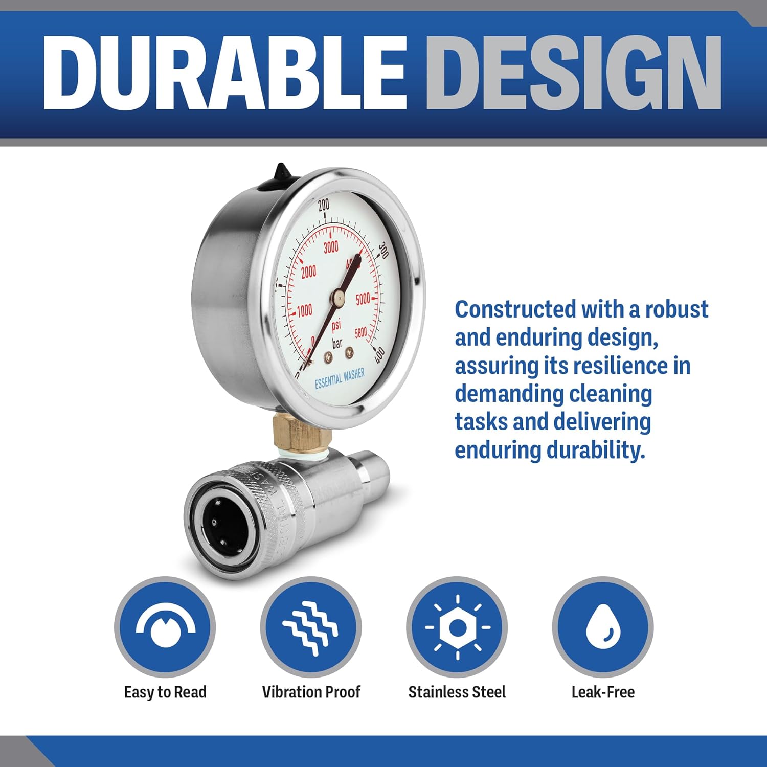 ESSENTIAL WASHER Pressure Washer Gauge Kit 5800 PSI | 3/8 Inch Quick Connect with Plug | Pressure Gauge for Power Washer