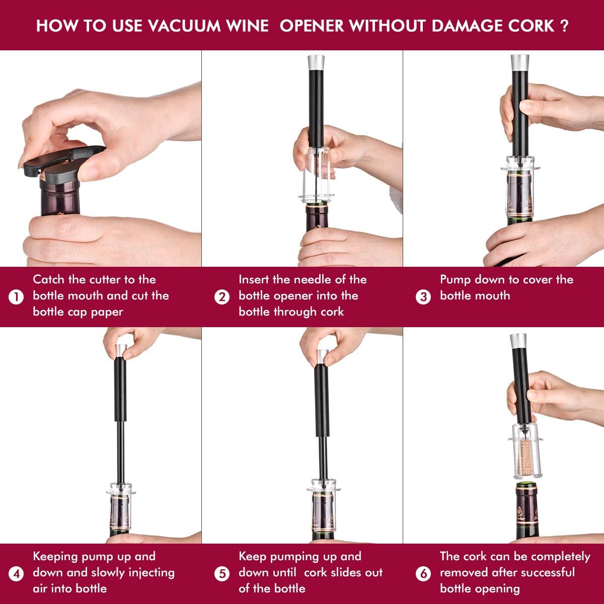 Wine Bottle Opener Air Pressure Wine Cork Remover Pump Wine Opener Wine Pump Wine Accessory Tool Handheld Wine Bottle Opener with Wine Pourer, Foil Cutter and Vacuum Stopper(Gift Box)