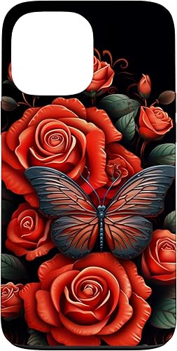 Funda para iPhone 13 Pro Max Cute Butterfly con diseño de flores rojas y mariposas