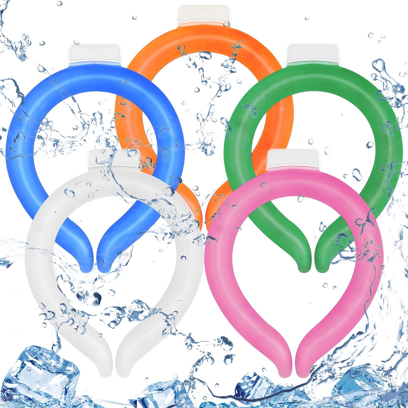 Preboun 5 Pcs Neck Cooling Tube Ice Cooling Ring Reusable Neck Wraps Wearable Hands Free Cold Ice Pack Gel for Hot Weather Summer Outdoor Indoor Heat