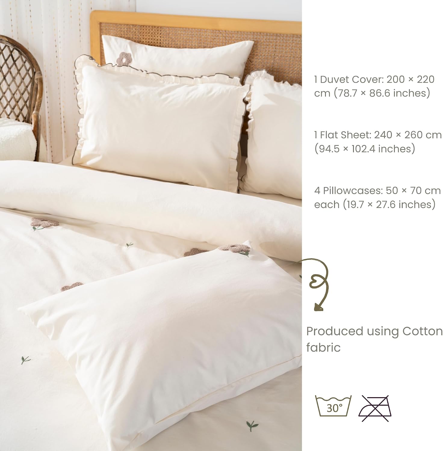 100% Cotton Duvet Cover Bedding Set | 6-Piece Embroidered Duvet Cover, Flat Sheet & Pillowcases | Oversized Cotton Bedding Set for Bedroom (Florita Beige, 78.74 × 86.61 inch)