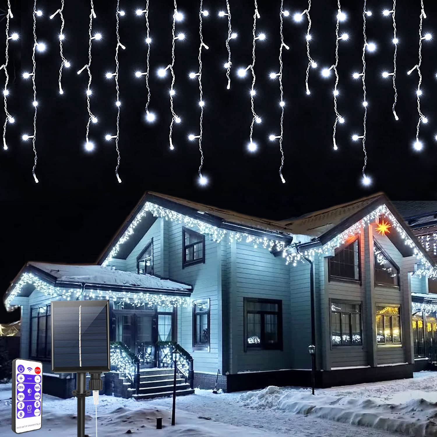Solar led Navidad Luces de Carámbano, 7M 32 Hilos Exterior Cortina de Luz 8 Modos Cadena de Hadas Decoraciones Impermeables interior Guirnaldas luminosas para Casa,Jardín,Habitación,Fiesta decoración