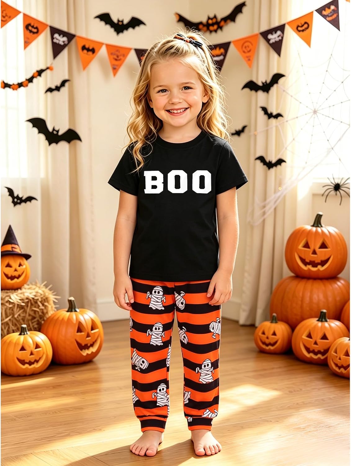 GLIGLITTR Toddler Boy Girl Halloween Outfits Ghost Boo Graphic T-Shirts Stripes Pants Set Kids Spooky Season Fall Clothes