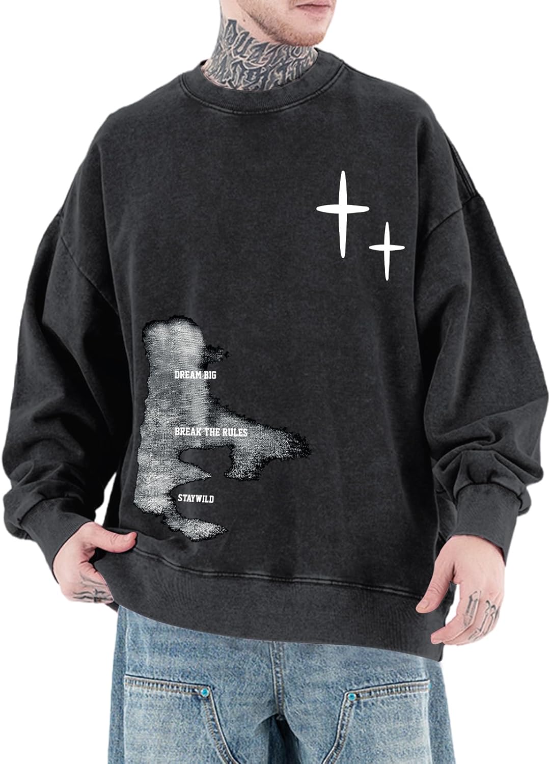 Weetioito Mens Graphic Sweatshirt Streetwear Crewneck Hoodie Baggy Grunge Pullover Hoodies Vintage Acid Wash Sweatshirts