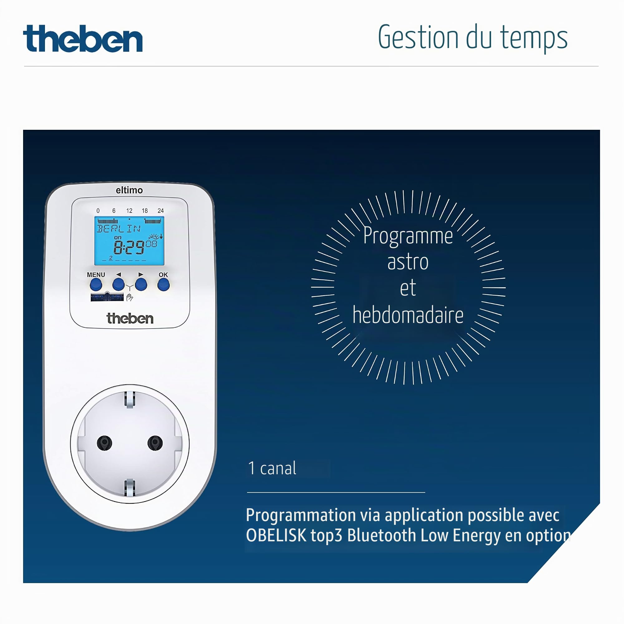 Theben 0200170 Eltimo 020 Astro top3 - Prise numérique avec Programme hebdomadaire et Fonction astronomique - Minuterie - Programmation par Application optionnelle Via Bluetooth - Programmation