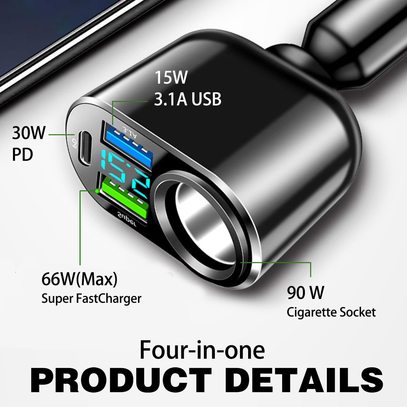 Ładowarka samochodowa 111W USB C, adapter do zapalniczki samochodowej z typem C, szybkie ładowanie 90 W, 66 W Super QC3.0, ładowarka PD 30 W i wbudowany woltomierz LED do samochodów, ciężarówek