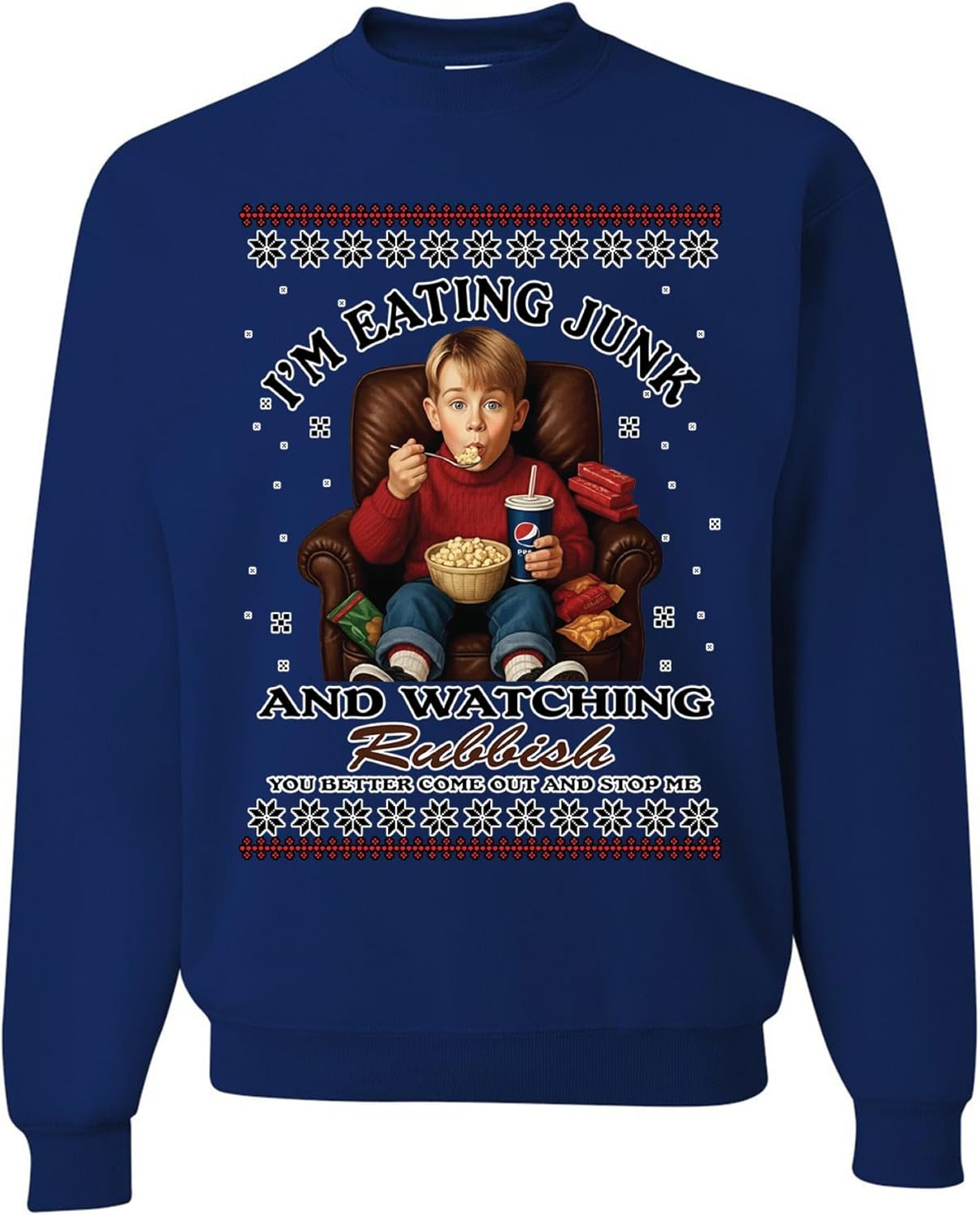 wild custom apparel Home Alone Im Eating Junk Watching Rubbish Funny Ugly Christmas Sweater Sweatshirt