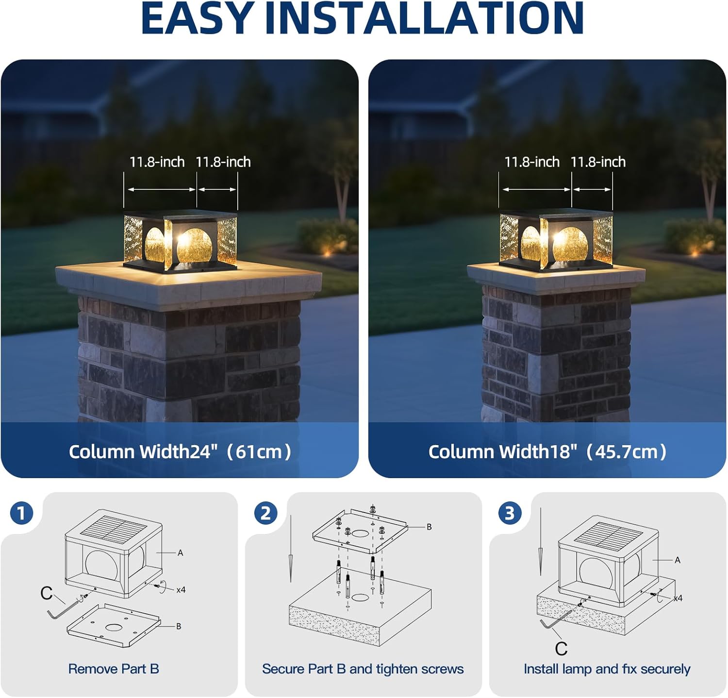 Solar Post Lights, 11.8" Pillar light Outdoor, Waterproof Column Lighting Outside, 3000K E26 LED Bulb Modern Lantern Dusk to Dawn Decorative Landscape Lamp for Patio Deck Driveway Yard Garden