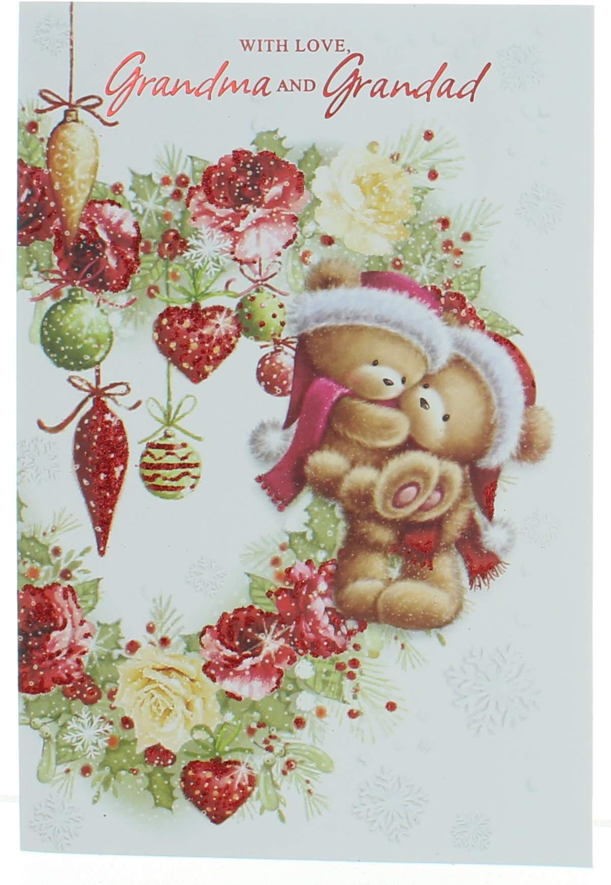 Grandma & Grandad Christmas Card Cute Bears Flowers Baubles & Glitter 7.5x5.25"