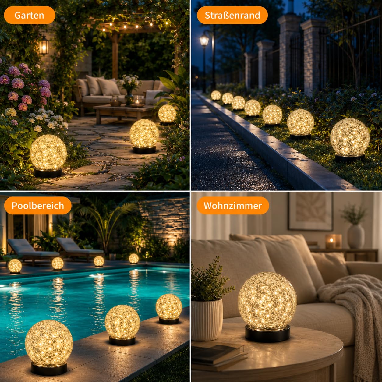 Ciskotu 4 Stück Bruchglas Solarleuchten für Außen, 120 LED Solarlampen für Aussen Garten, IP44 Wasserdicht Solar Gartenleuchten für Gartendeko, Balkon, Terrasse, Rasen, Wege (Warmweiß)