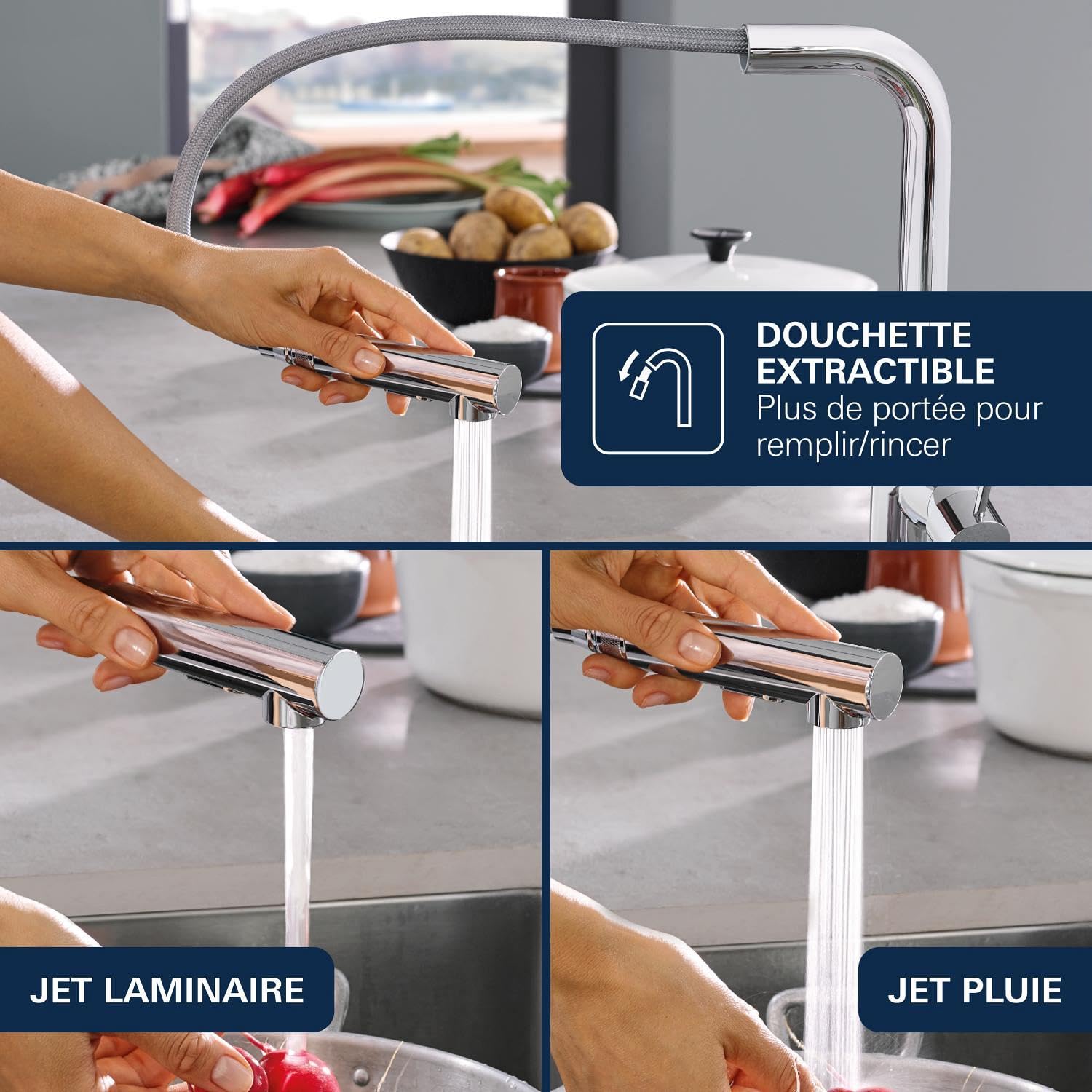 GROHE Essence Mitigeur Robinet pour Evier de Cuisine (Bec Haut, Zone de rotation 360°, Mousseur Extractible), Chrome, 30270000