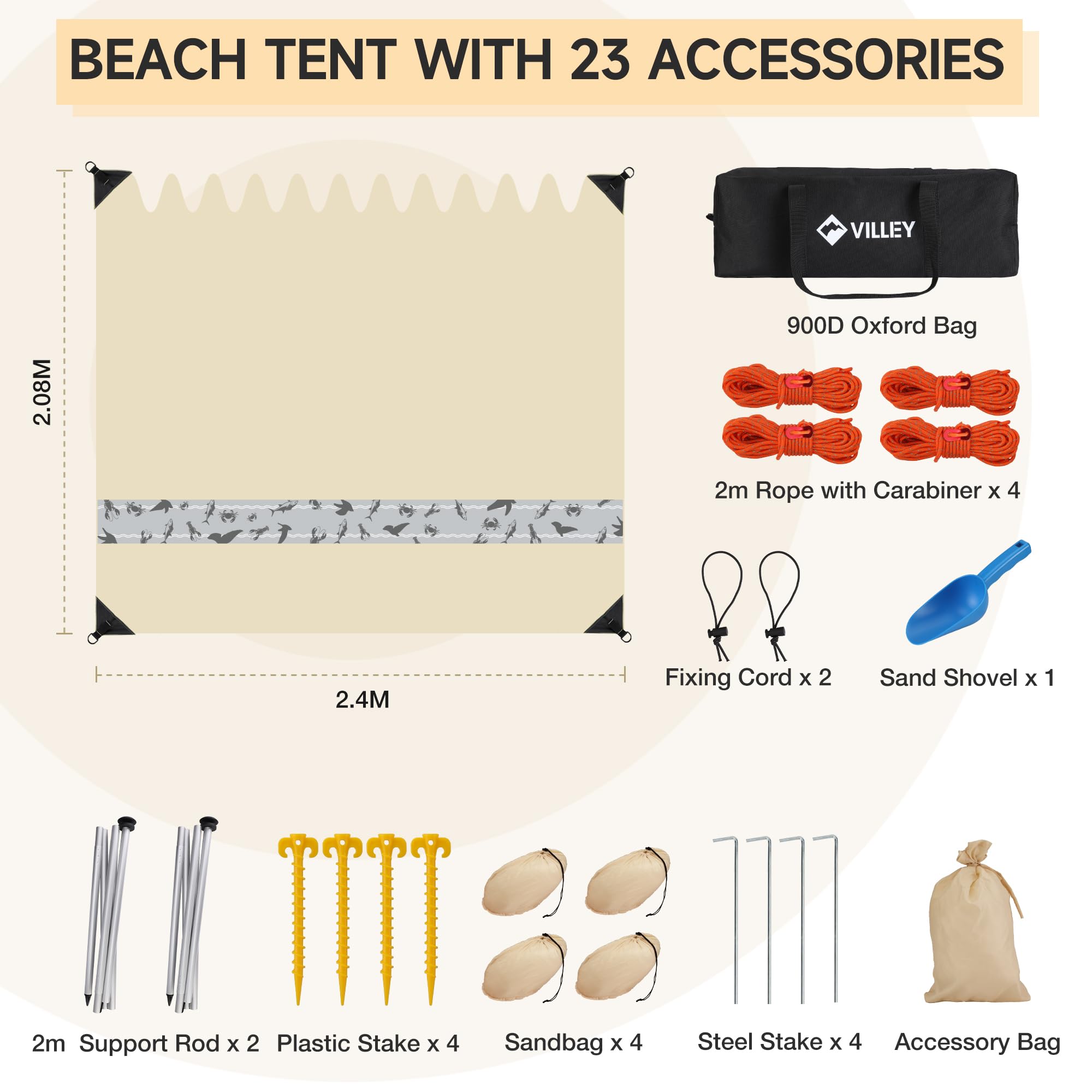 VILLEY Toldo de Playa 2 x 2,4 m, Tienda de Playa con Protección UV UPF50+, Refugio Solar para 3 Personas con Sacos de Arena y 2 Postes, Ideal para Picnic, Pesca y Playa