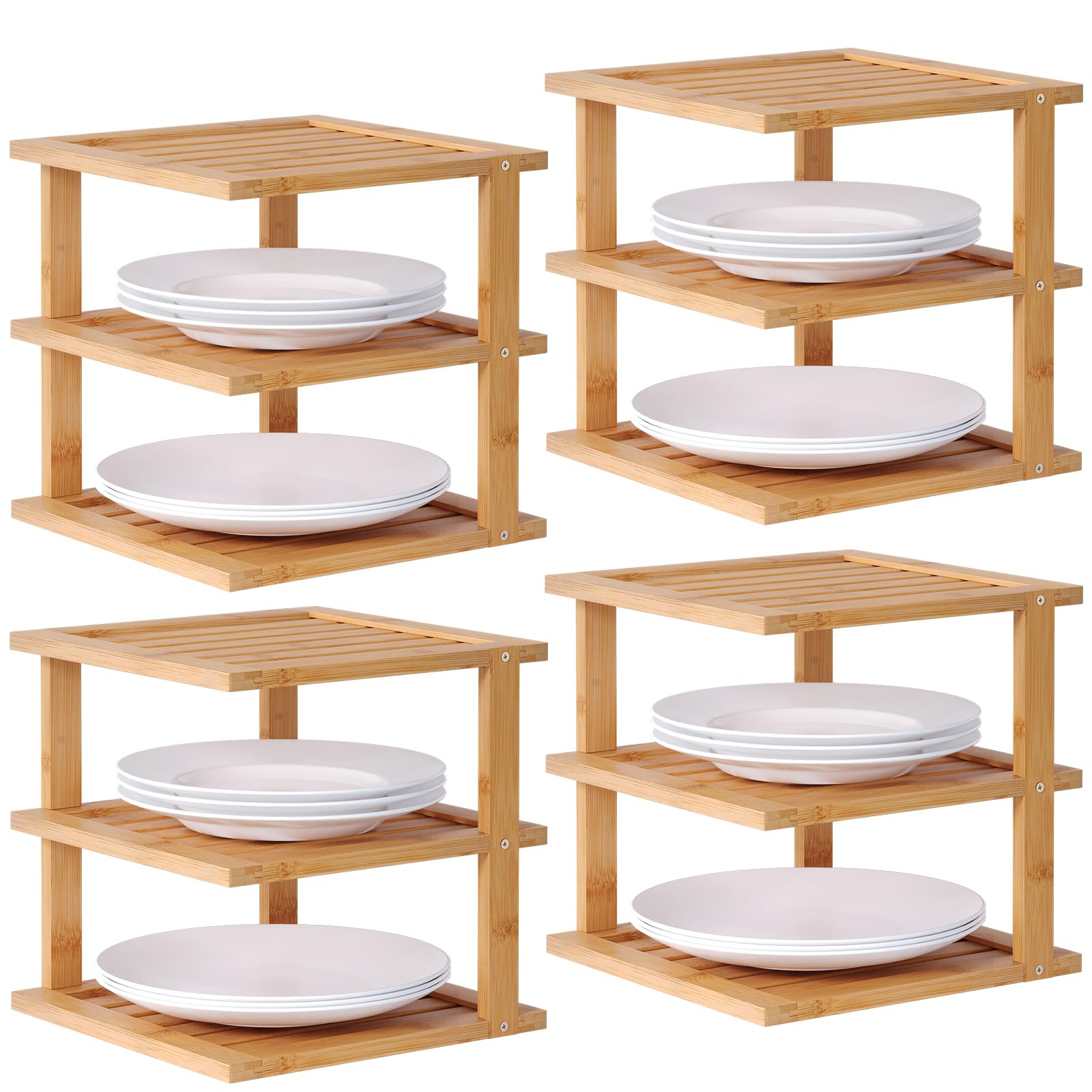 Danfoxer 4 Pack Bamboo Corner Shelf,3 Tier Kitchen Cabinet Organizer for Plates and Dishes,Pantry Storage and Spice Rack（Natural）