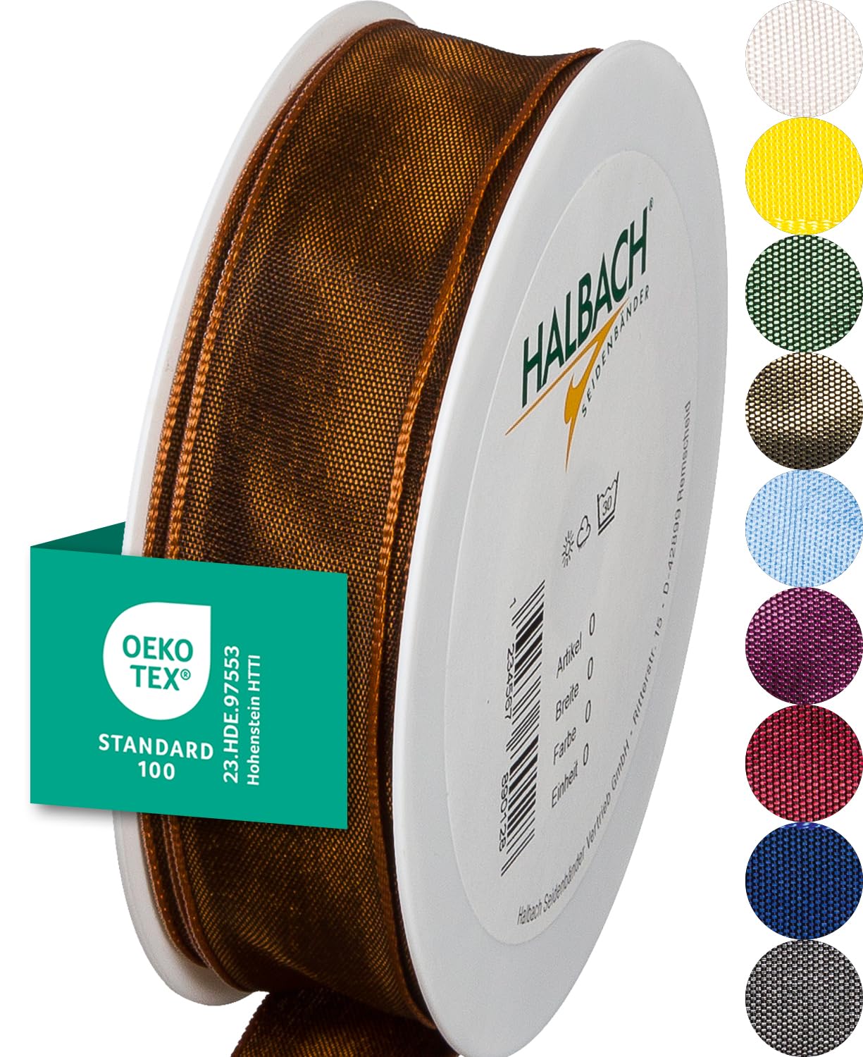 Halbach Seidenbänder Premium Geschenkband mit Drahtkante | Breite 25mm Länge 25m | Öko-Tex 100 zertifiziertes Schleifenband | Taftband Made in Germany, Farbe: cognac